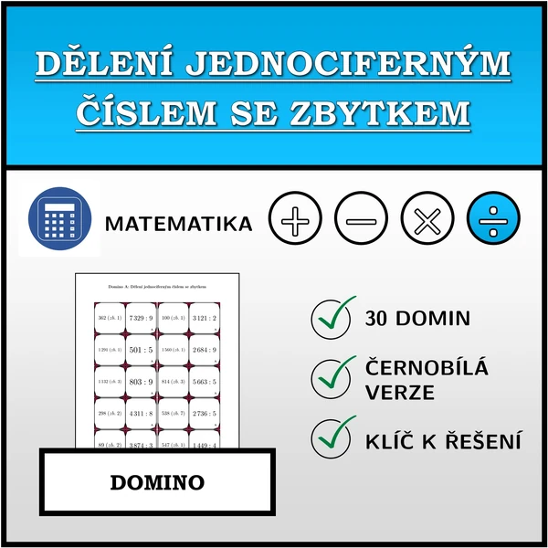 Domino - Dělení jednociferným číslem se zbytkem | matematika
