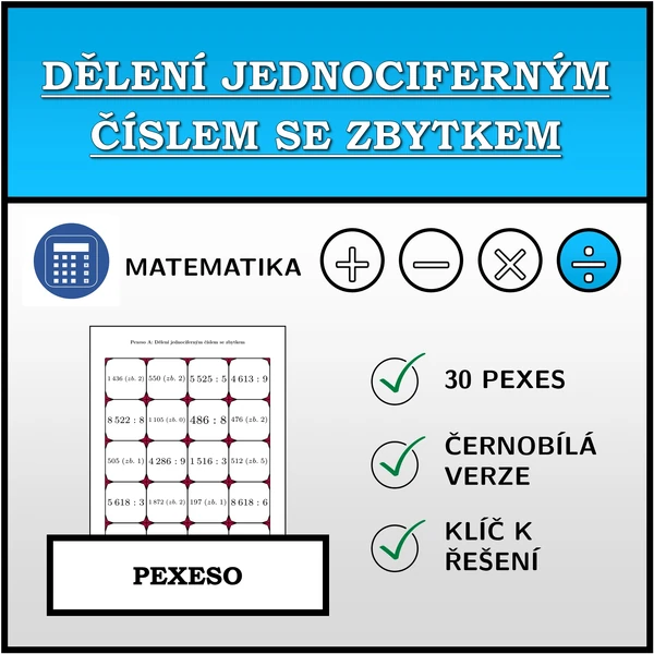 Pexeso - Dělení jednociferným číslem se zbytkem | matematika