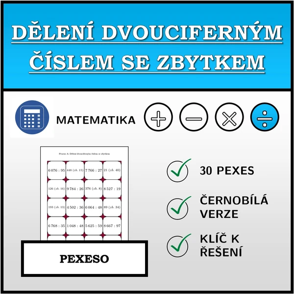 Pexeso - Dělení dvouciferným číslem se zbytkem | matematika