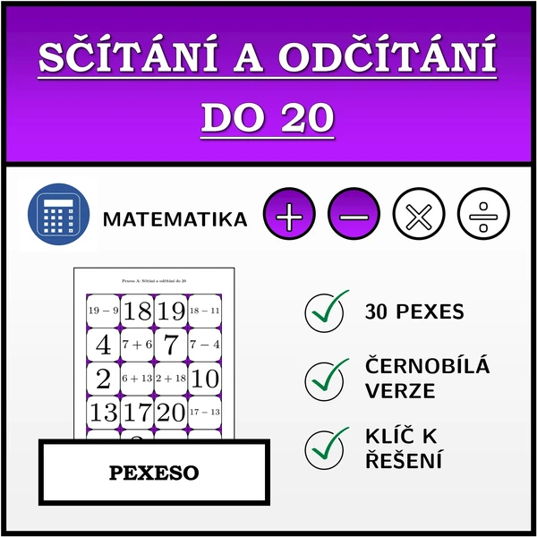 Pexeso - Sčítání a odčítání do 20 | matematika
