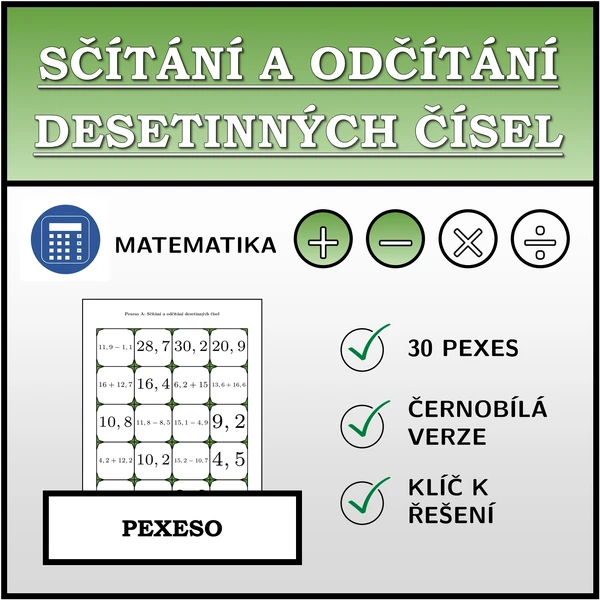 Pexeso - Sčítání a odčítání desetinných čísel | matematika