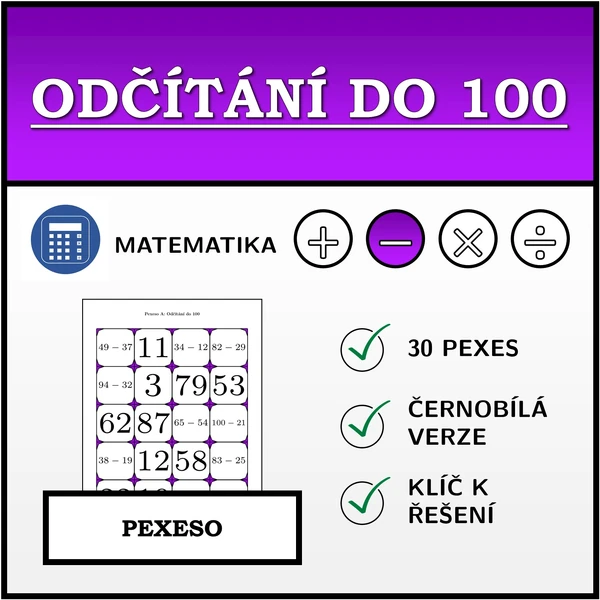 Pexeso - Odčítání do 100 | matematika
