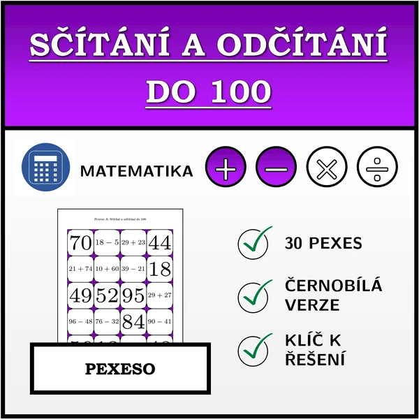Pexeso - Sčítání a odčítání do 100 | matematika
