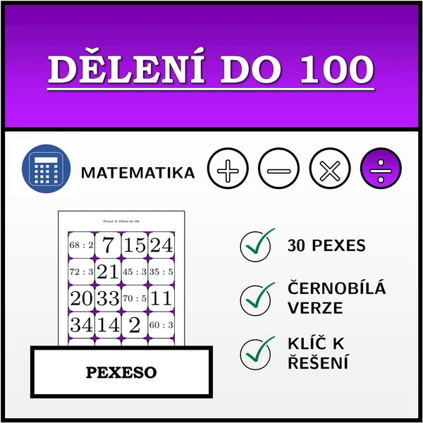 Pexeso - Dělení do 100 | matematika