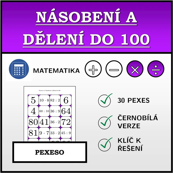 Pexeso - Násobení a dělení do 100 | matematika