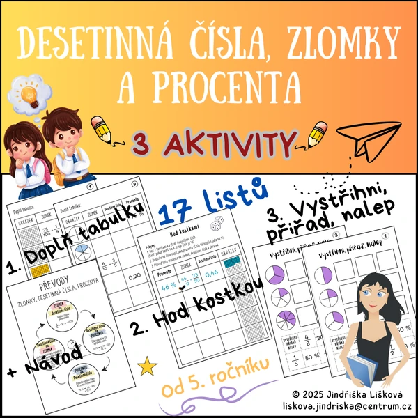 Zlomky, desetinná čísla, procenta - 3 aktivity