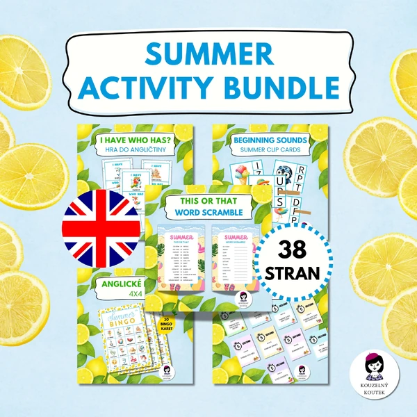 Anglický balíček aktivit - Summer activity bundle | Bingo | Word scramble | This or That | 5 second | I have who has