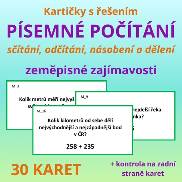 Kartičky s řešením – zeměpisné zajímavosti – písemné počítání