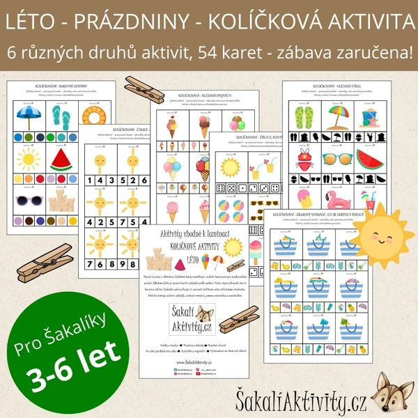  LÉTO, PRÁZDINY - kolíčkové aktivity - 6 druhů, 54 karet 