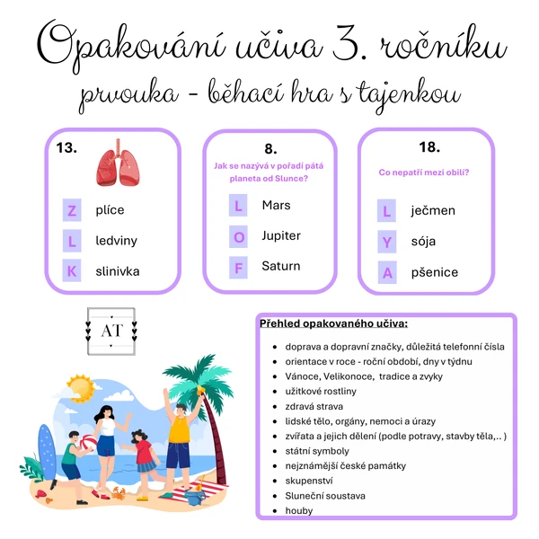 Opakování učiva 3. ročníku - prvouka - běhací hra s tajenkou