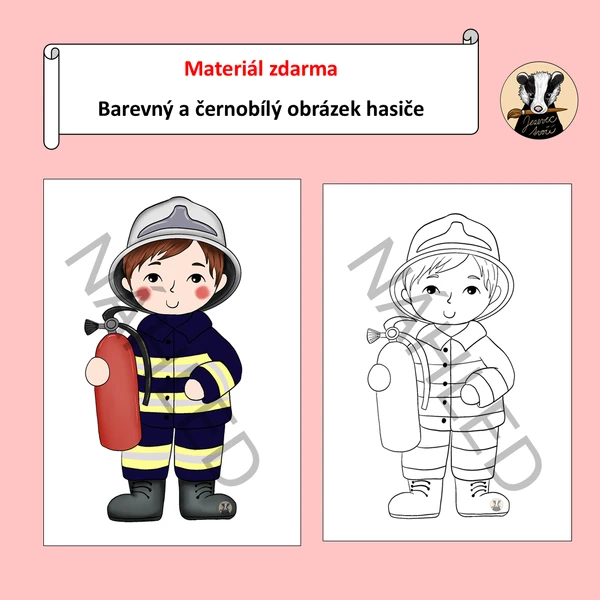 Hasič - barevný a černobílý obrázek 