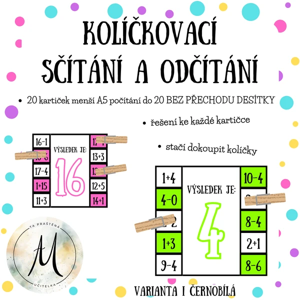Kolíčkovací sčítání a odčítání do 20 bez přechodu desítky