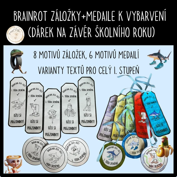 Brainrot záložky + medaile k vybarvení (dárek na závěr školního roku)