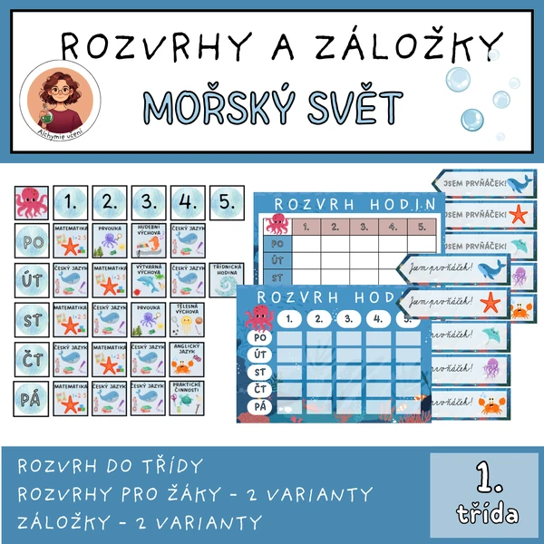 Rozvrh do třídy, záložky a rozvrhy pro žáky - Mořský svět