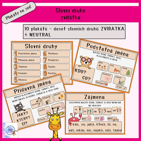 Slovní druhy PŘEHLED / výzdoba třídy / ZVÍŘÁTKA + neutral / plakáty do čj