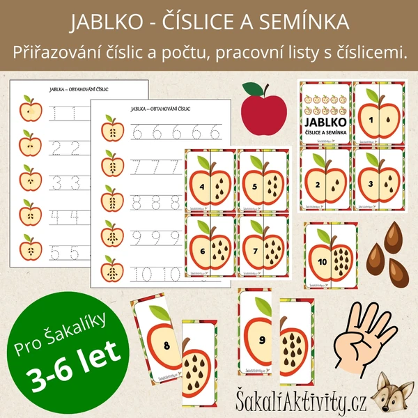  JABLKO - ČÍSLICE A SEMÍNKA - přiřazovací karty 