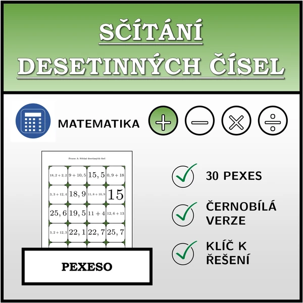 Pexeso - Sčítání desetinných čísel | matematika