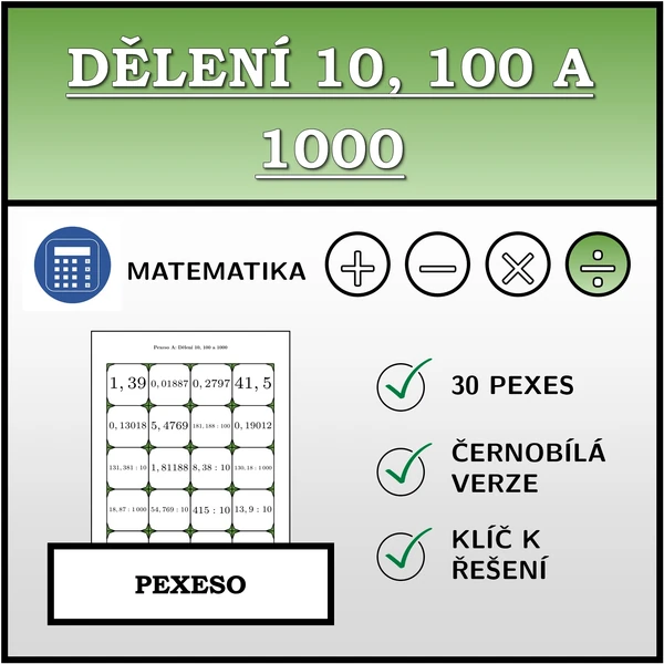 Pexeso - Dělení 10, 100 a 1000 s desetinnými čísly | matematika