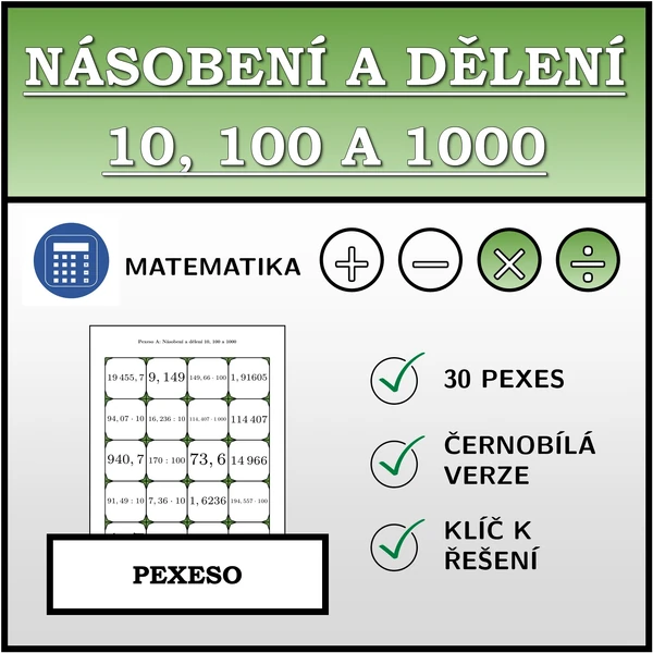 Pexeso - Násobení a dělení 10, 100 a 1000 s desetinnými čísly | matematika