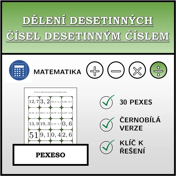 Pexeso - Dělení desetinných čísel desetinným číslem | matematika