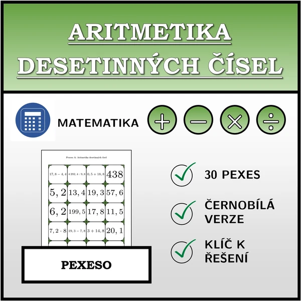 Pexeso - Aritmetika desetinných čísel | matematika