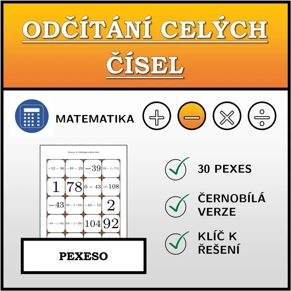 Pexeso - Odčítání celých čísel | matematika