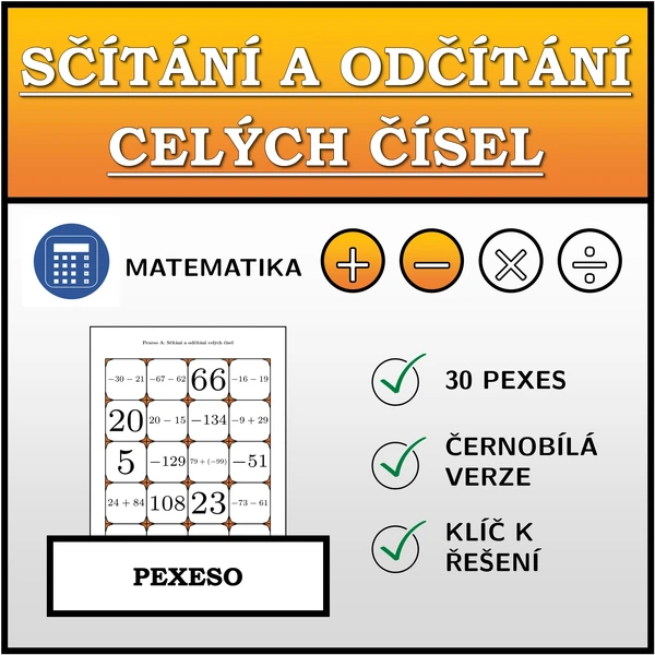 Pexeso - Sčítání a odčítání celých čísel | matematika