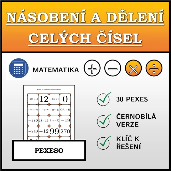 Pexeso - Násobení a dělení celých čísel | matematika
