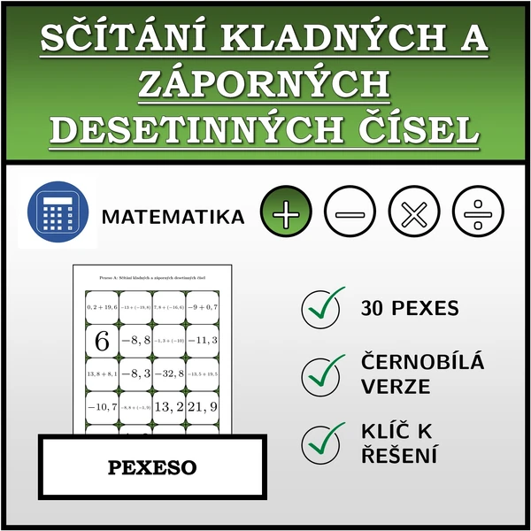 Pexeso - Sčítání kladných a záporných desetinných čísel | matematika