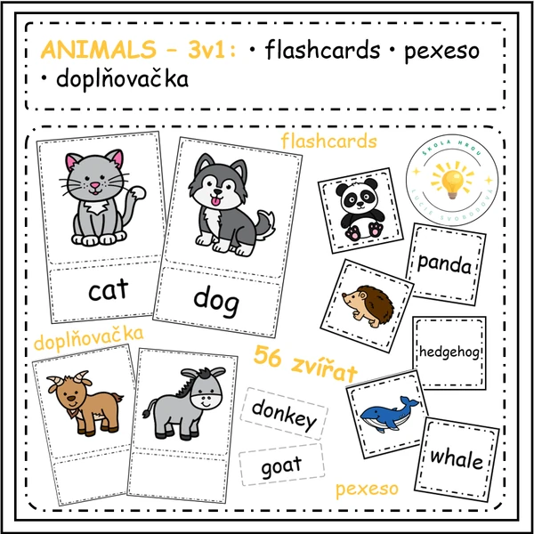 ANIMALS - 3v1: flashcards, pexeso, doplňovačka