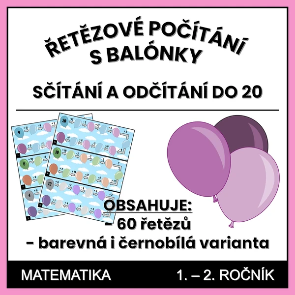 Balónkové počítání - řetězce - sčítání a odčítání do 20