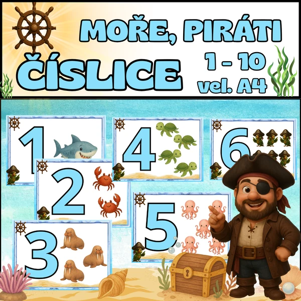 ČÍSLICE 1 - 10 MOŘE, PIRÁTI - výzdoba třídy. A4