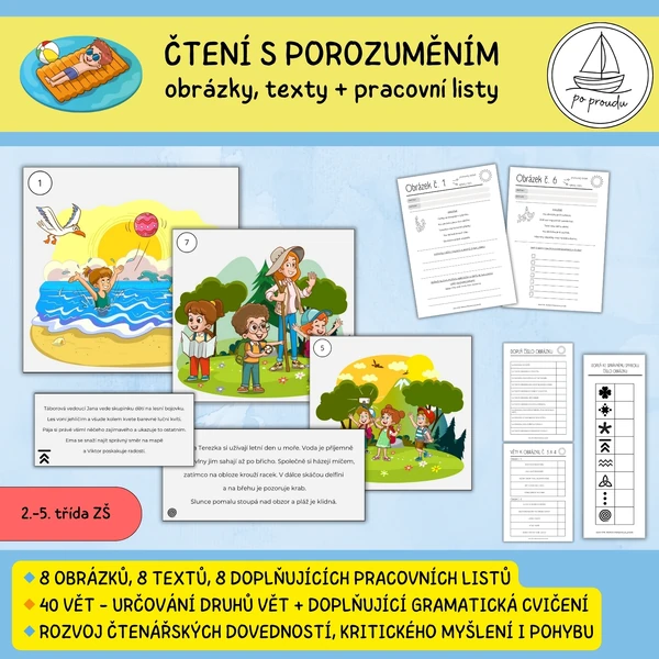 Běhací čtení s porozuměním + druhy vět (léto)