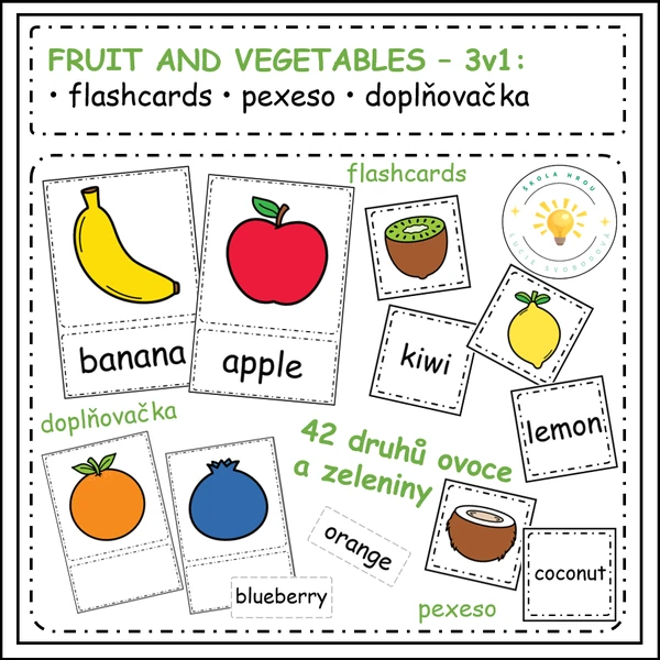 FRUIT AND VEGETABLES – 3v1: flashcards, pexeso, doplňovačka