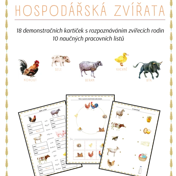 Hospodářská zvířata - 18 demonstračních obrázků (zvířecí rodiny) + 10 pracovních listů