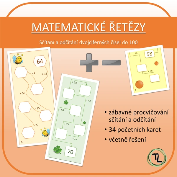 Matematické řetězy - sčítání a odčítání dvojciferných čísel do 100