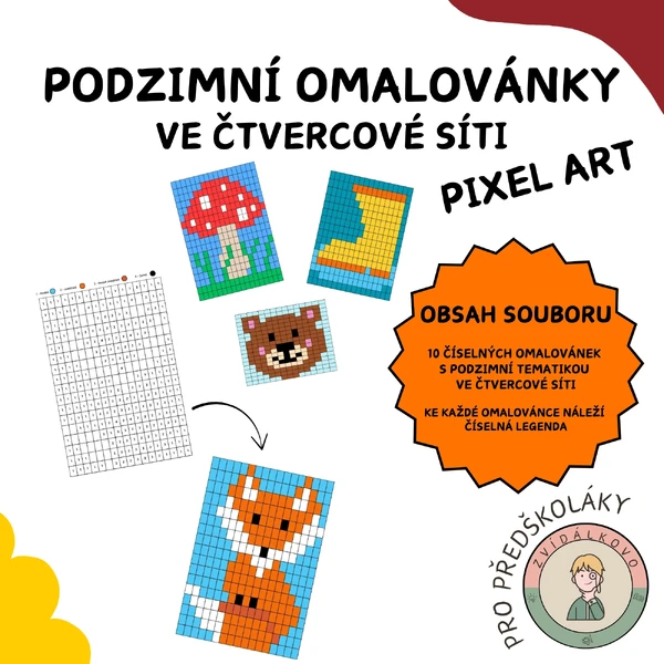 Podzimní omalovánky ve čtvercové síti - pixel art