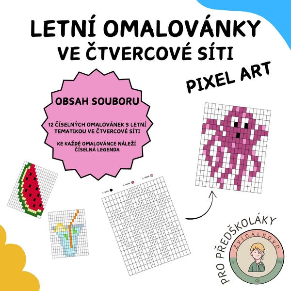 Letní omalovánky ve čtvercové síti - pixel art 