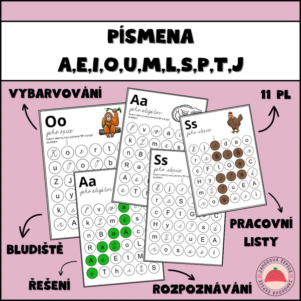 Písmena A,E,I,O,U,M,L,S,P,T,J - bludiště - pracovní listy