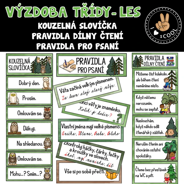 Kouzelná slovíčka, pravidla dílny čtení, pravidla psaní - LES