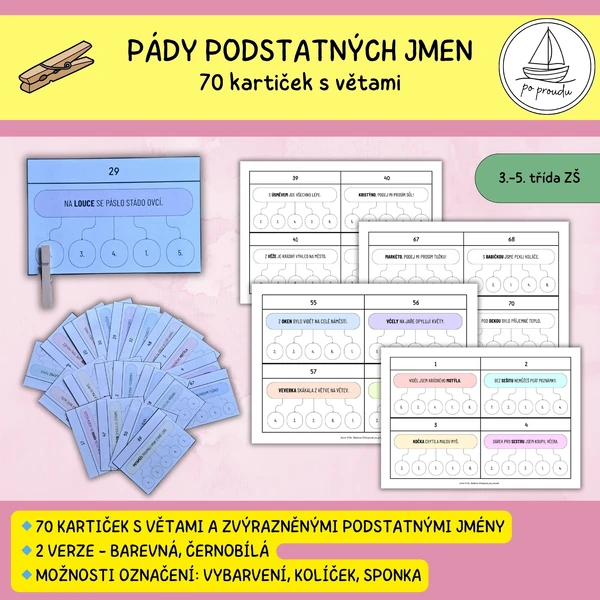 Pády podstatných jmen ve větách - 70 kartiček
