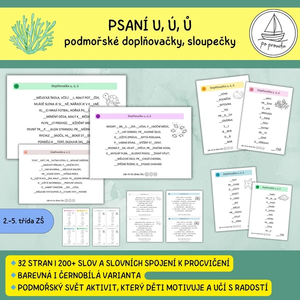 Psaní u, ú, ů - sloupečky, doplňovačky