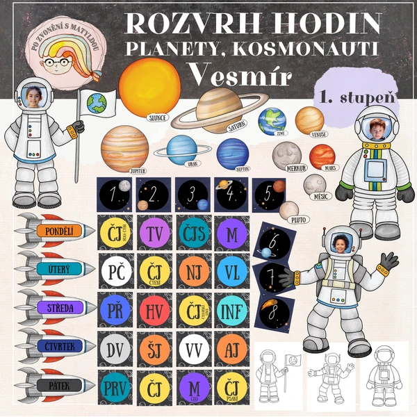 VESMÍR - rozvrh hodin, kosmonauti, planety