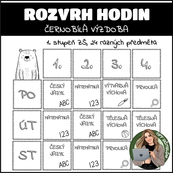 Velký rozvrh hodin - černobílá výzdoba