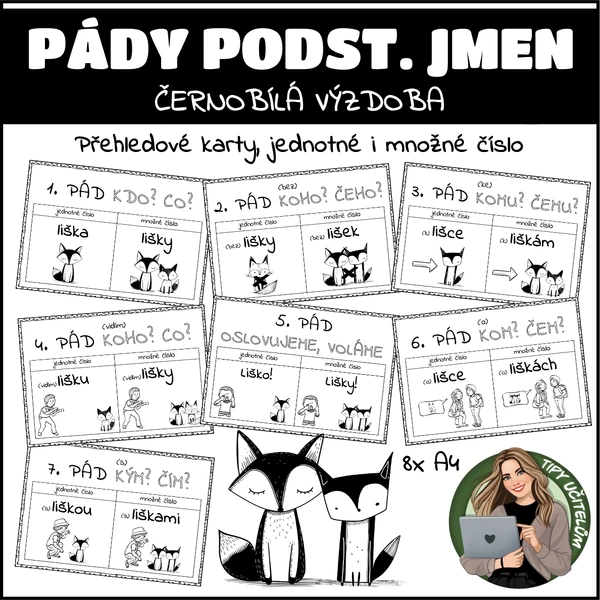 Pády podstatných jmen - černobílá výzdoba