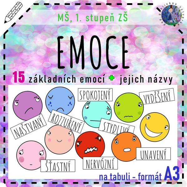 Emoce - 15 barevných smajlíků na tabuli + kartičky s názvy emocí/pocitů