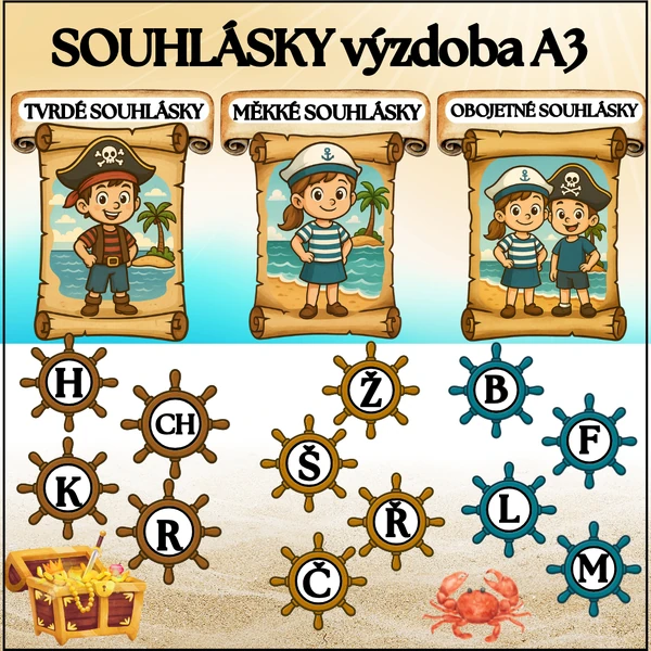 SOUHLÁSKY tvrdé, měkké, obojetné - výzdoba moře, piráti, námořníci 
