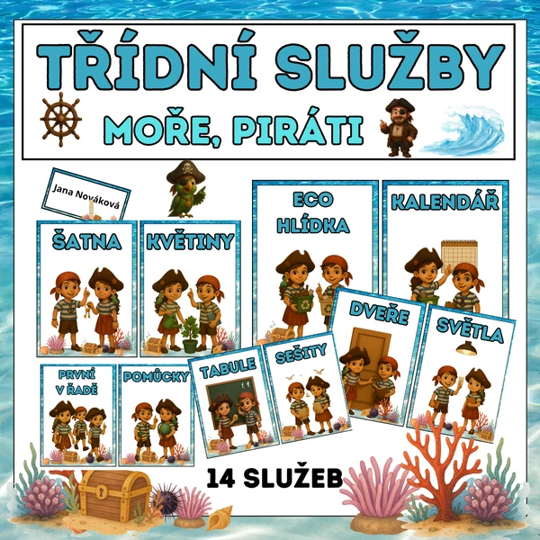TŘÍDNÍ SLUŽBY – přehledné kartičky do každé třídy - MOŘE,PIRÁTI