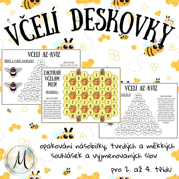 včelí deskovky - opakování tvrdých a měkkých souhlásek, vyjmenovaných slov a malé násobilky