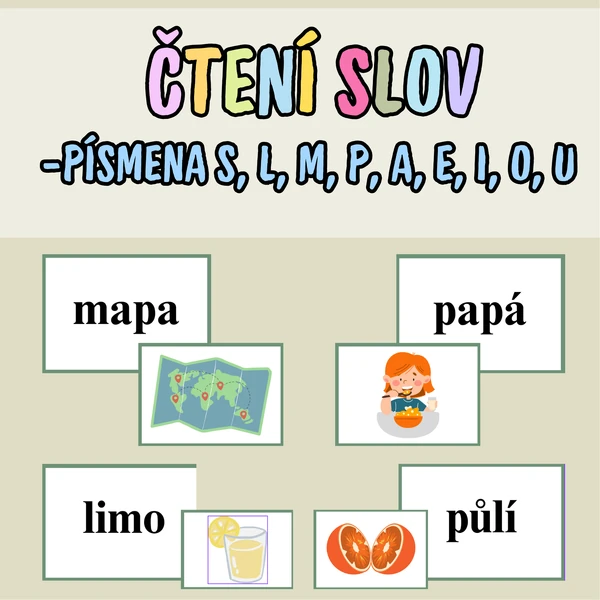 Čtení prvních slov s písmeny S, L, M, P, A, E, I, O, U